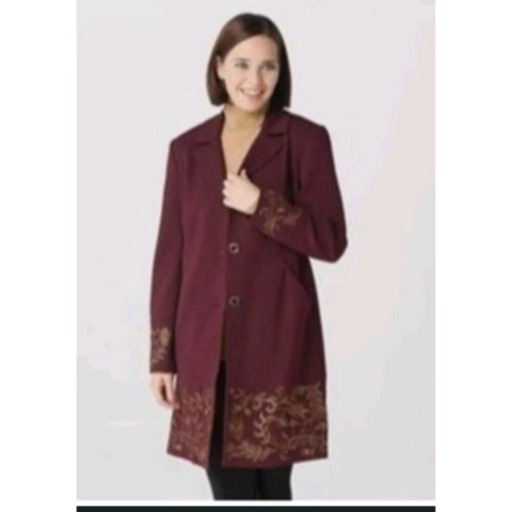 Dennis Basso  Sequin Embroidered Coat Jacket Burgundy Size 18W